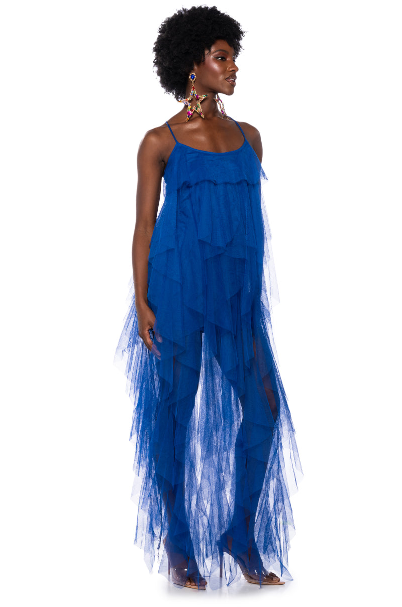 Side View Top Tier Ruffle Maxi Dress In Royal Blue
