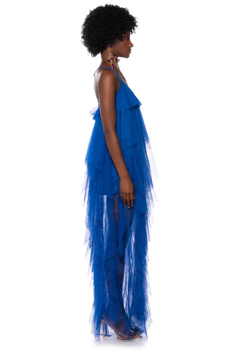 Back View Top Tier Ruffle Maxi Dress In Royal Blue