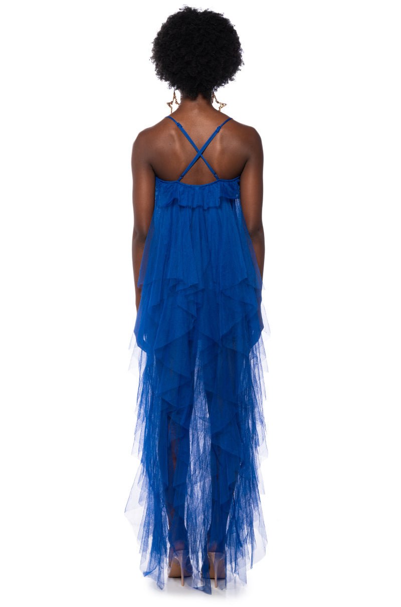 Detail View Top Tier Ruffle Maxi Dress In Royal Blue