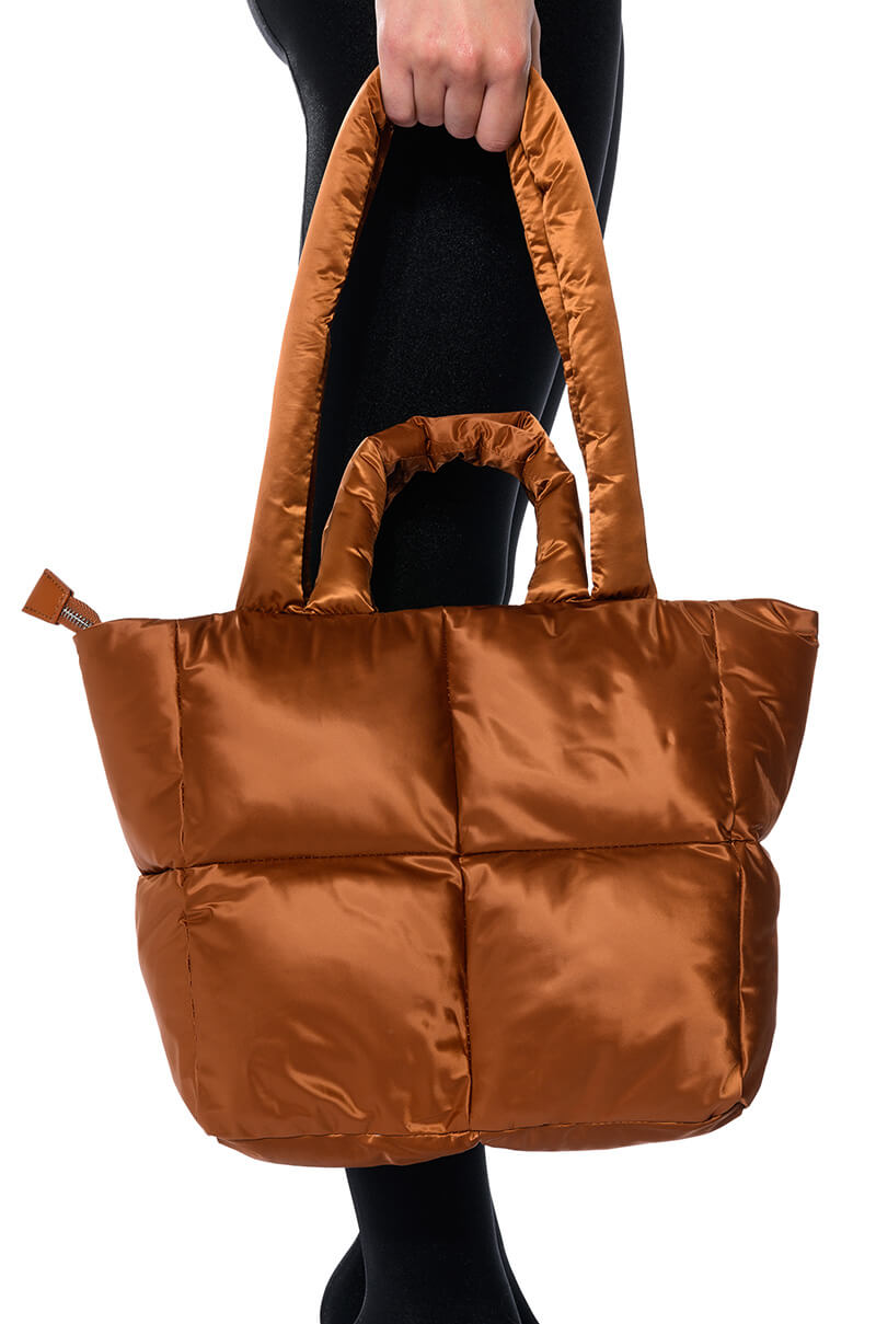 Front View Tova Nylon Tote Bag In Brown Puffer