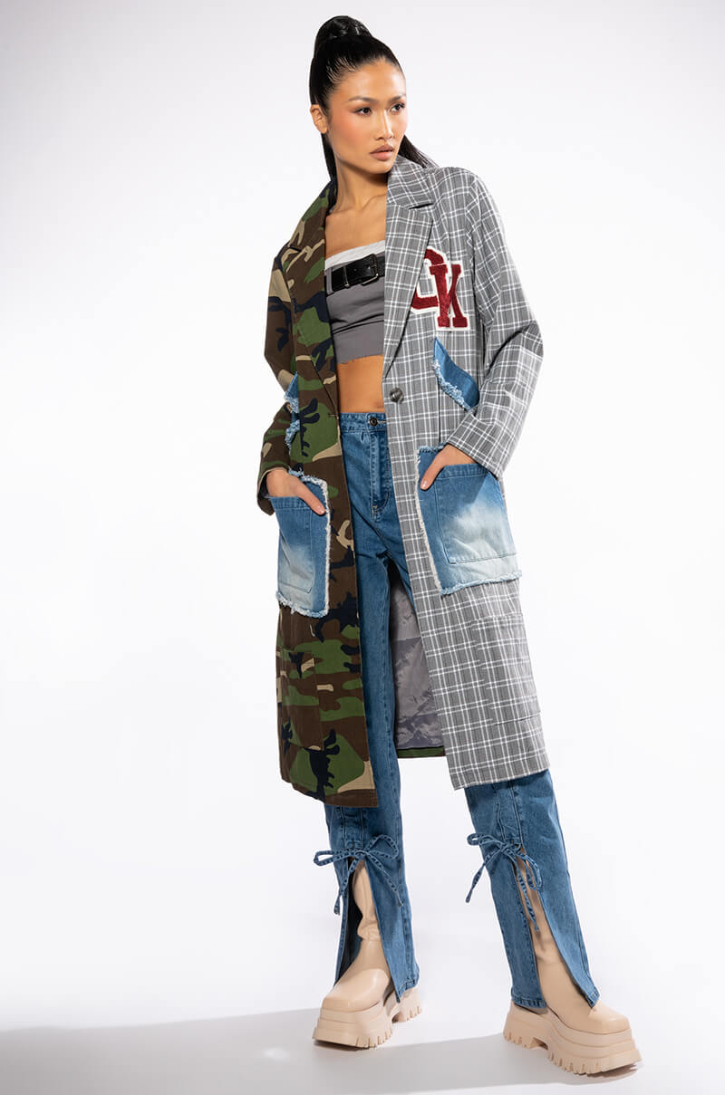 Back View Towson Half Plaid Half Camo Trench