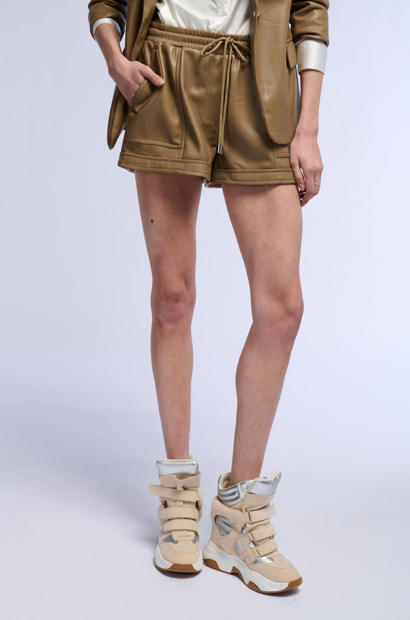 Front View Tres Chic Faux Leather Drawstring Short