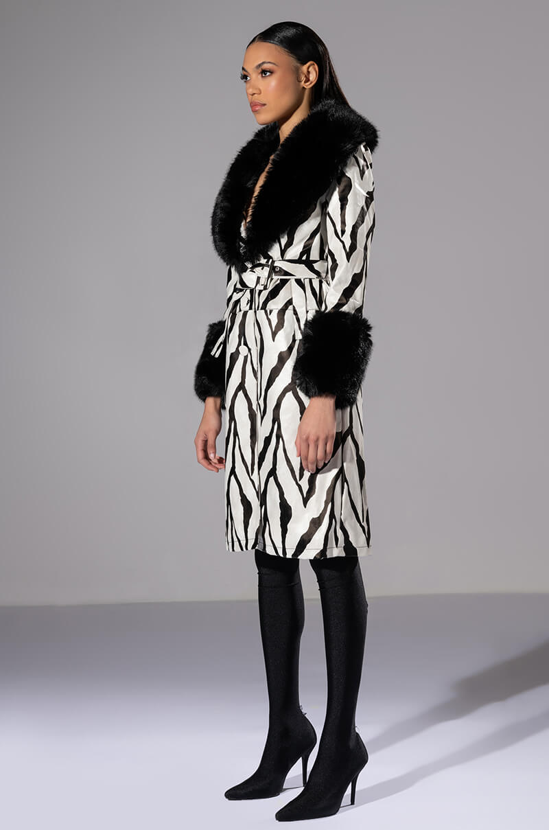 Back View Tres Zebra Faux Fur Coat