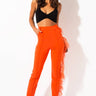 Front View Trip To London High Waisted Feather Trim Trousers in Orange