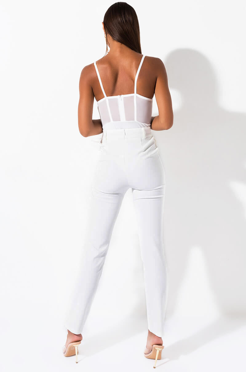 Back View Trip To London High Waisted Feather Trim Trousers in White