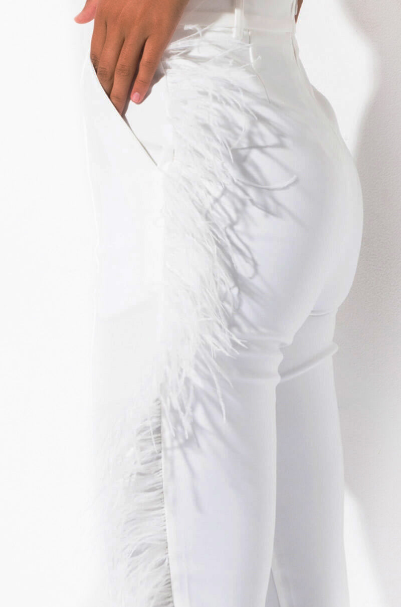 Detail View Trip To London High Waisted Feather Trim Trousers in White