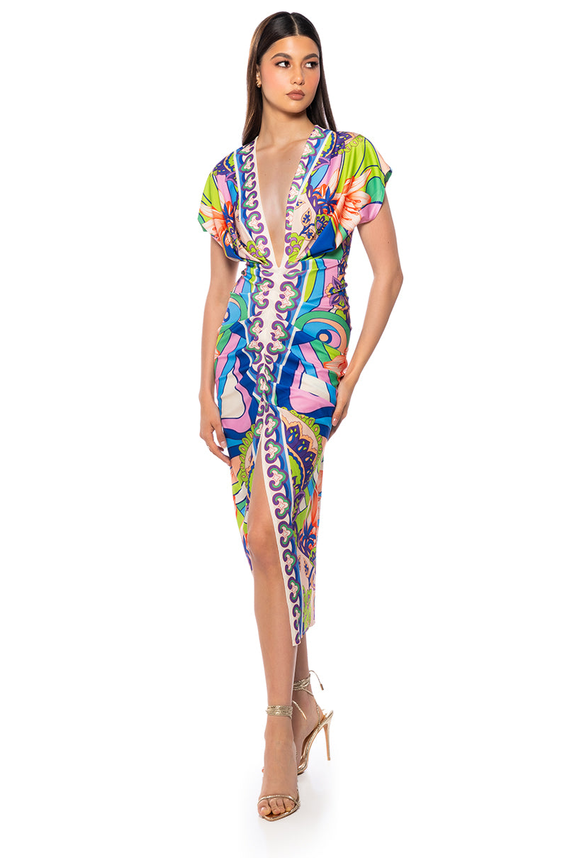 Front View Tropical Days V Neck Midi Dress