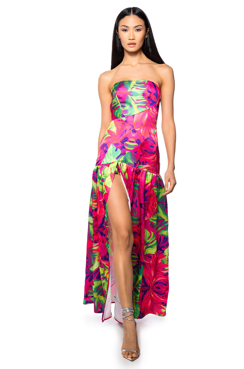 Front View Tropical Getaway Satin Printed Maxi Dress