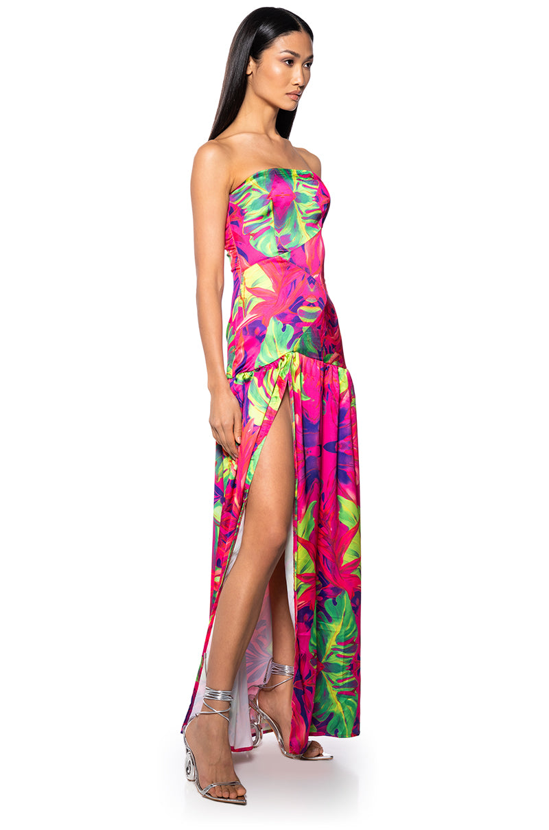 Side View Tropical Getaway Satin Printed Maxi Dress