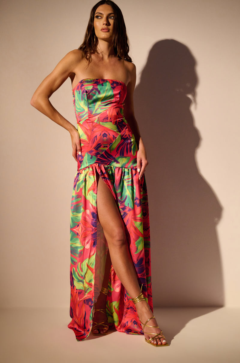 Side View Tropical Getaway Satin Printed Maxi Dress