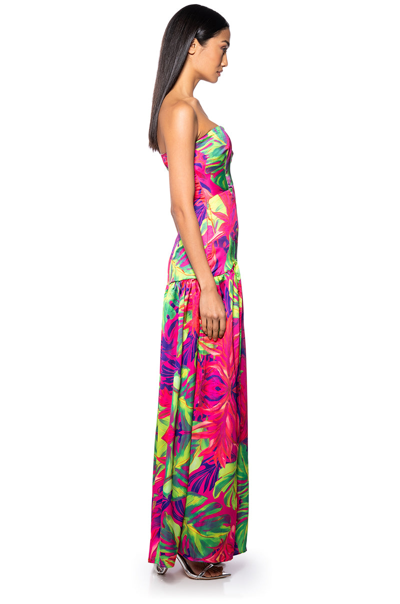 Back View Tropical Getaway Satin Printed Maxi Dress