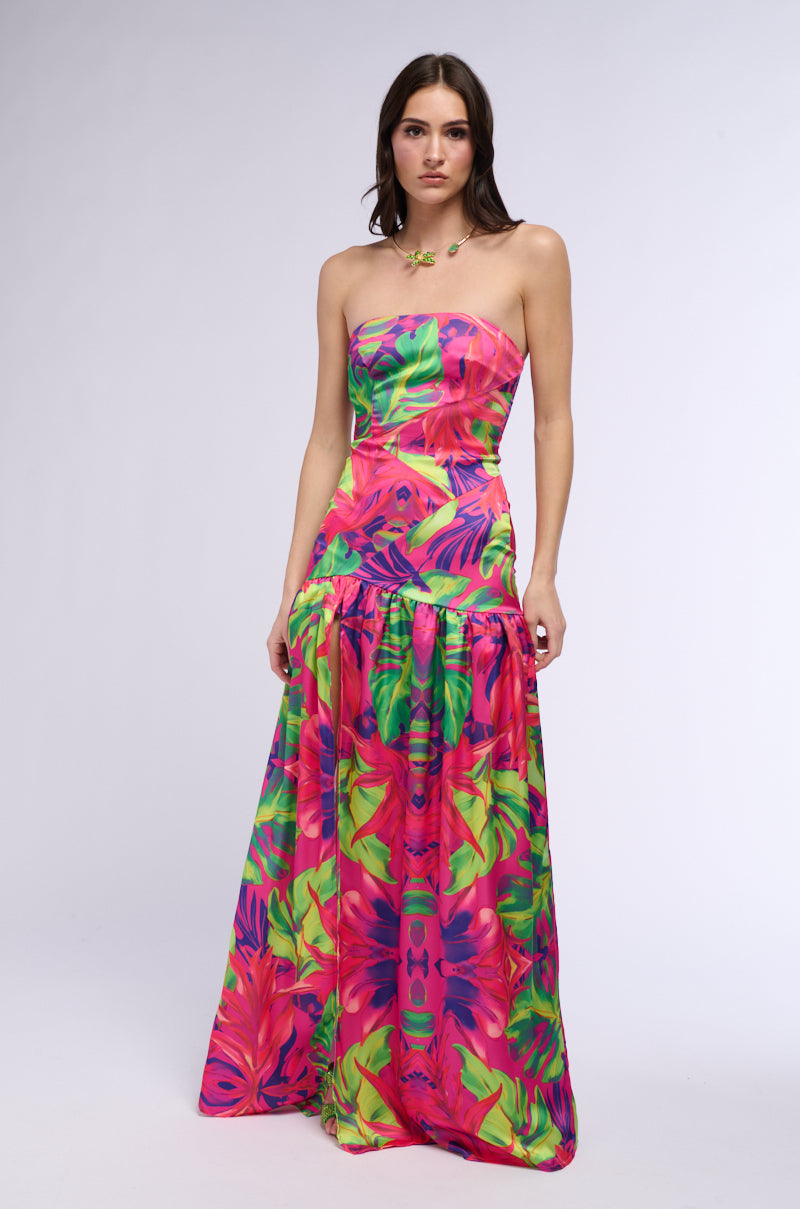 Back View Tropical Getaway Satin Printed Maxi Dress