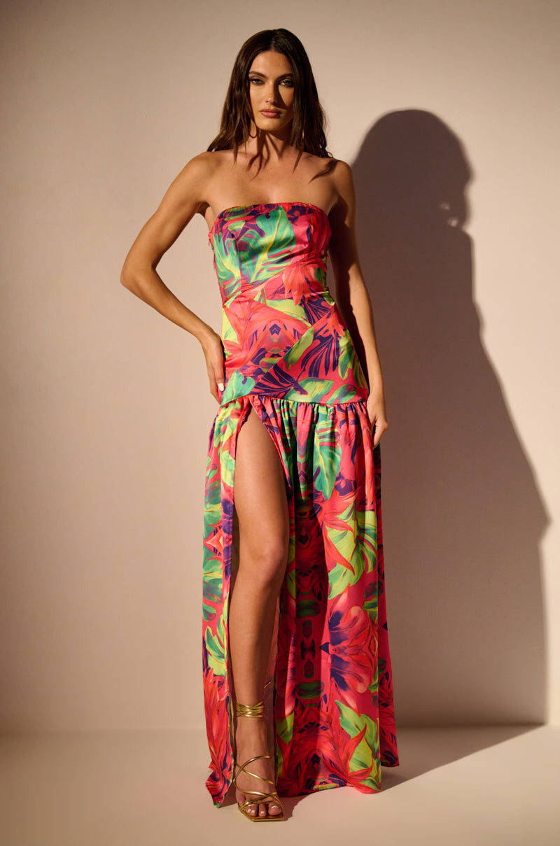 Back View Tropical Getaway Satin Printed Maxi Dress