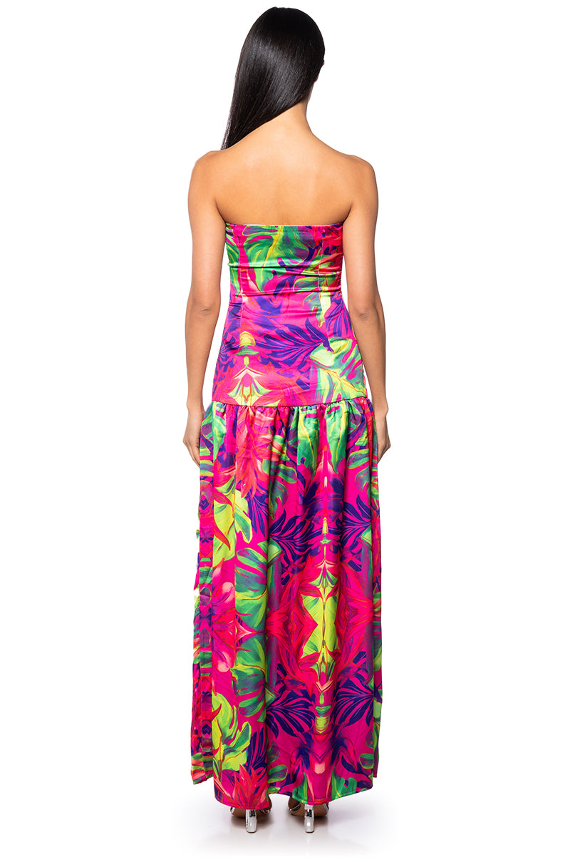 Detail View Tropical Getaway Satin Printed Maxi Dress
