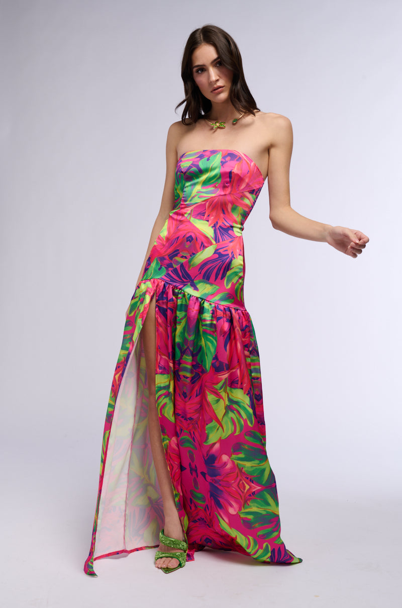 Detail View Tropical Getaway Satin Printed Maxi Dress