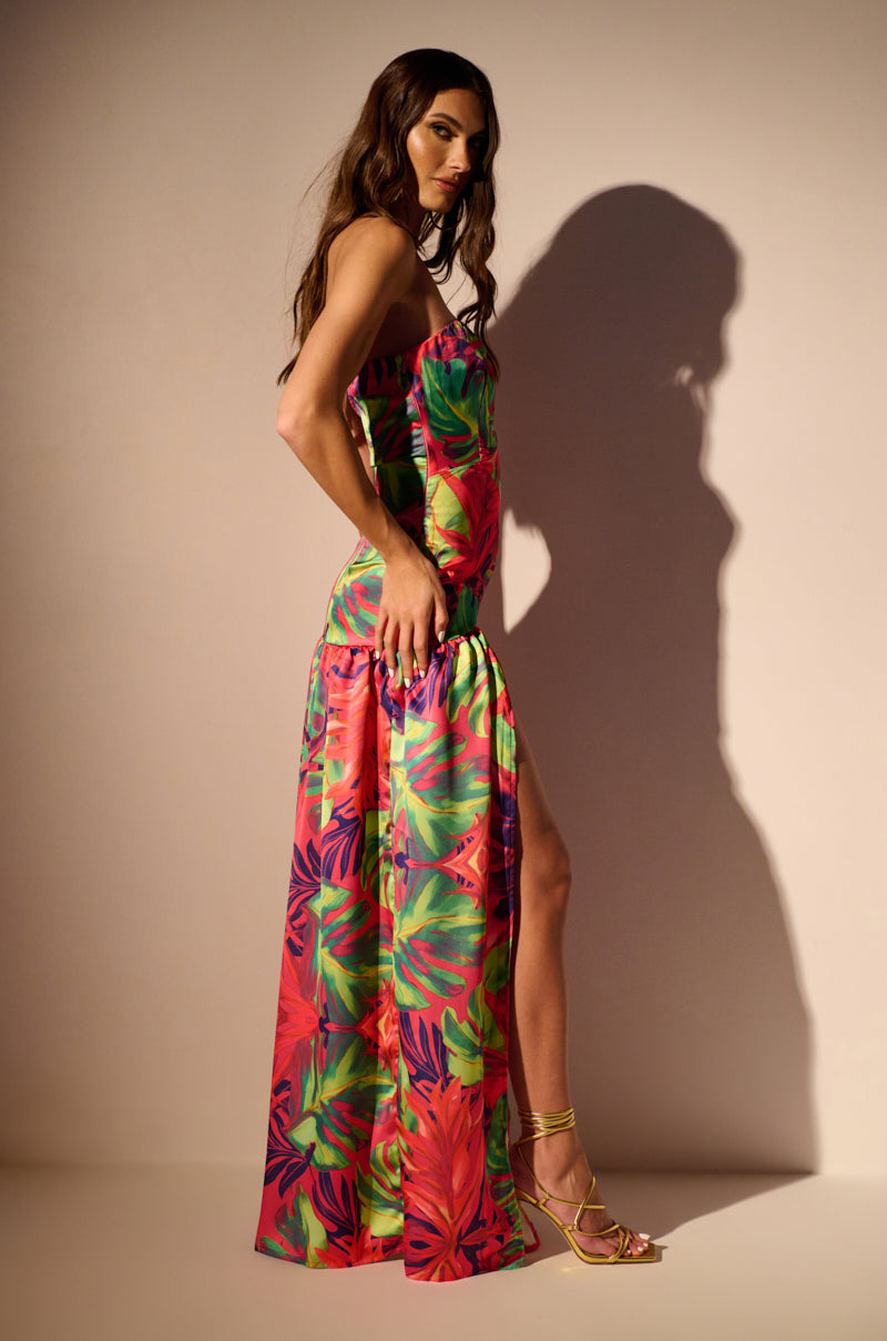Detail View Tropical Getaway Satin Printed Maxi Dress