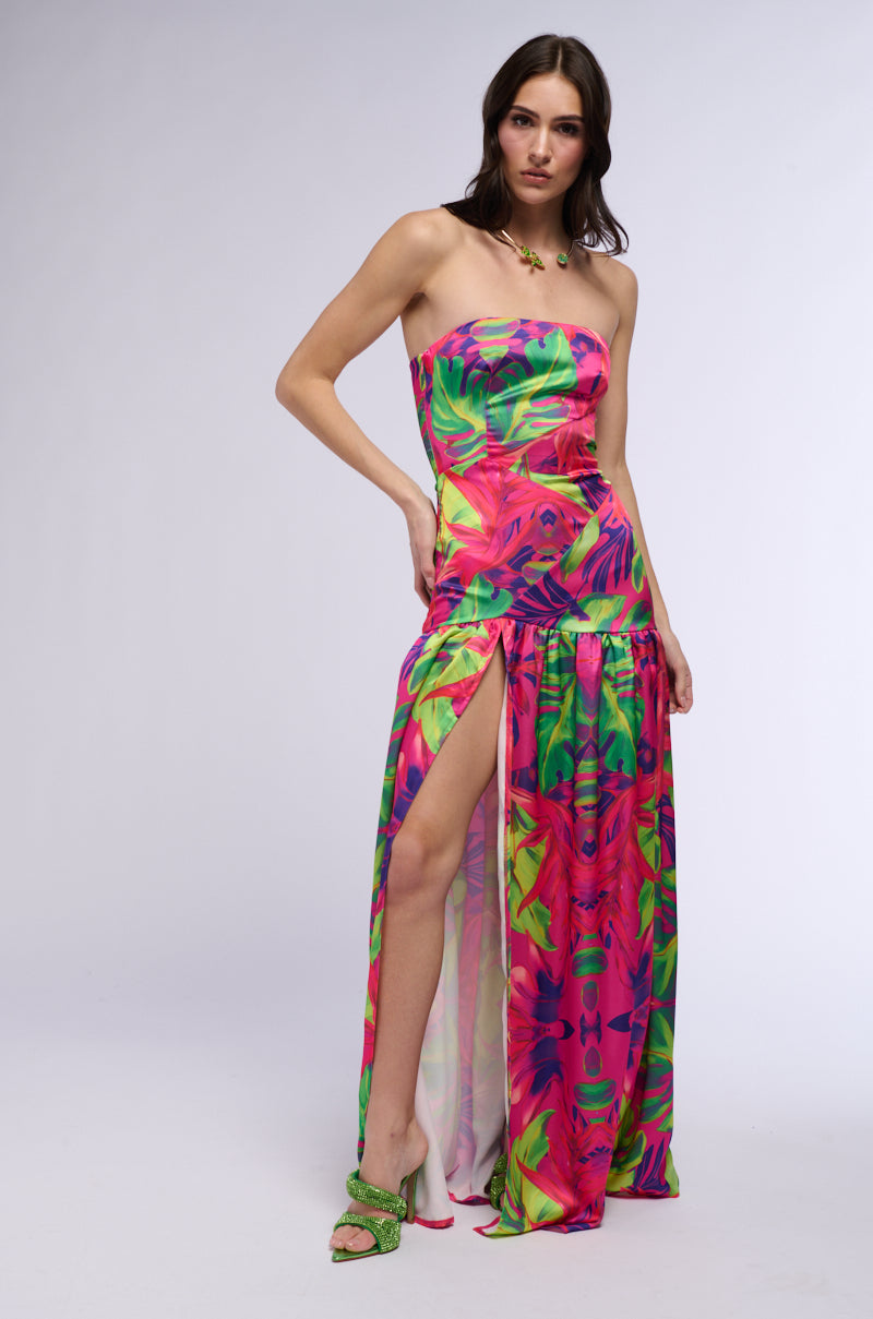 Full View Tropical Getaway Satin Printed Maxi Dress