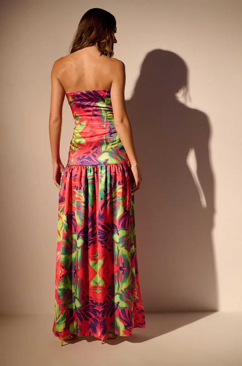 Full View Tropical Getaway Satin Printed Maxi Dress