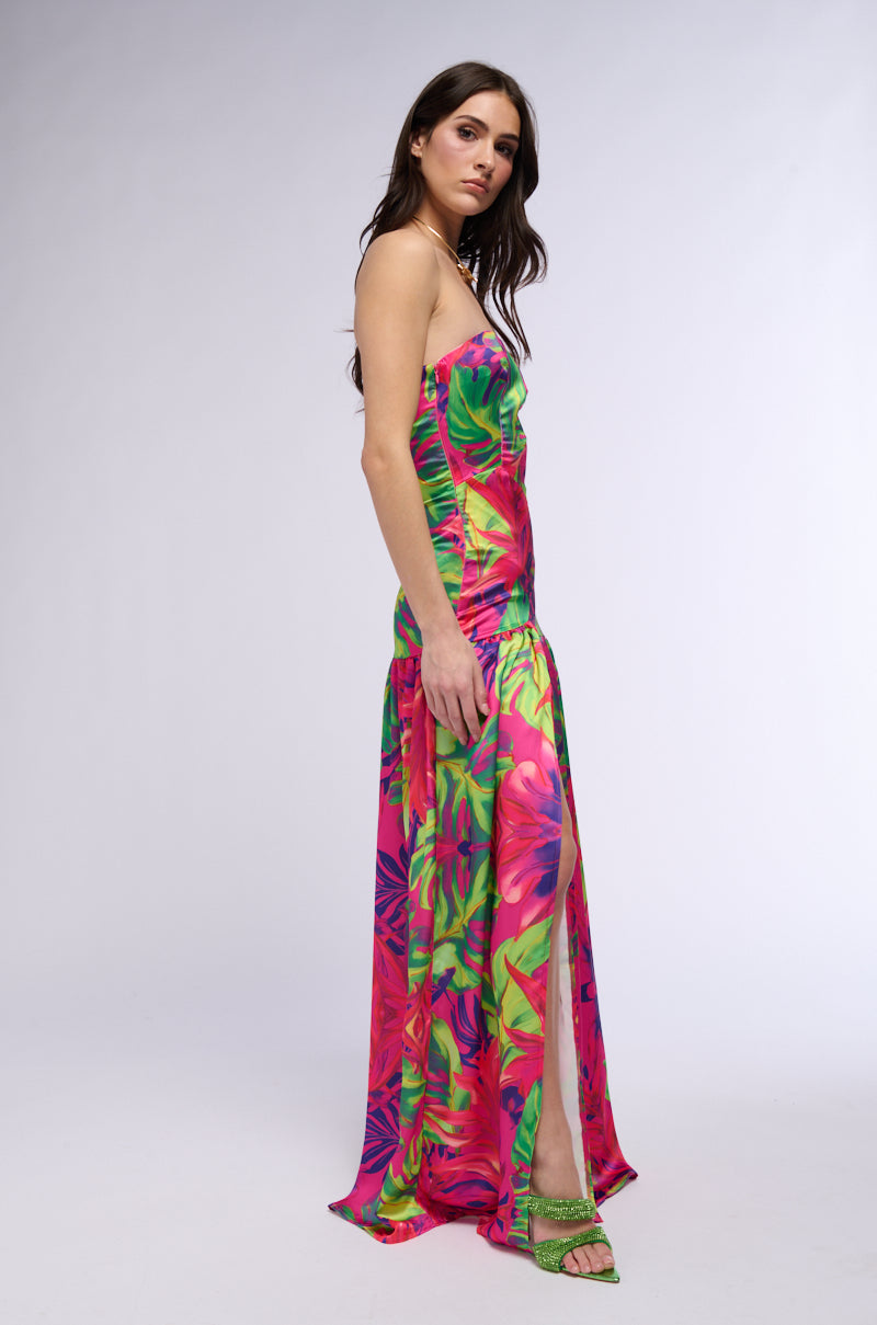 Extra View Tropical Getaway Satin Printed Maxi Dress