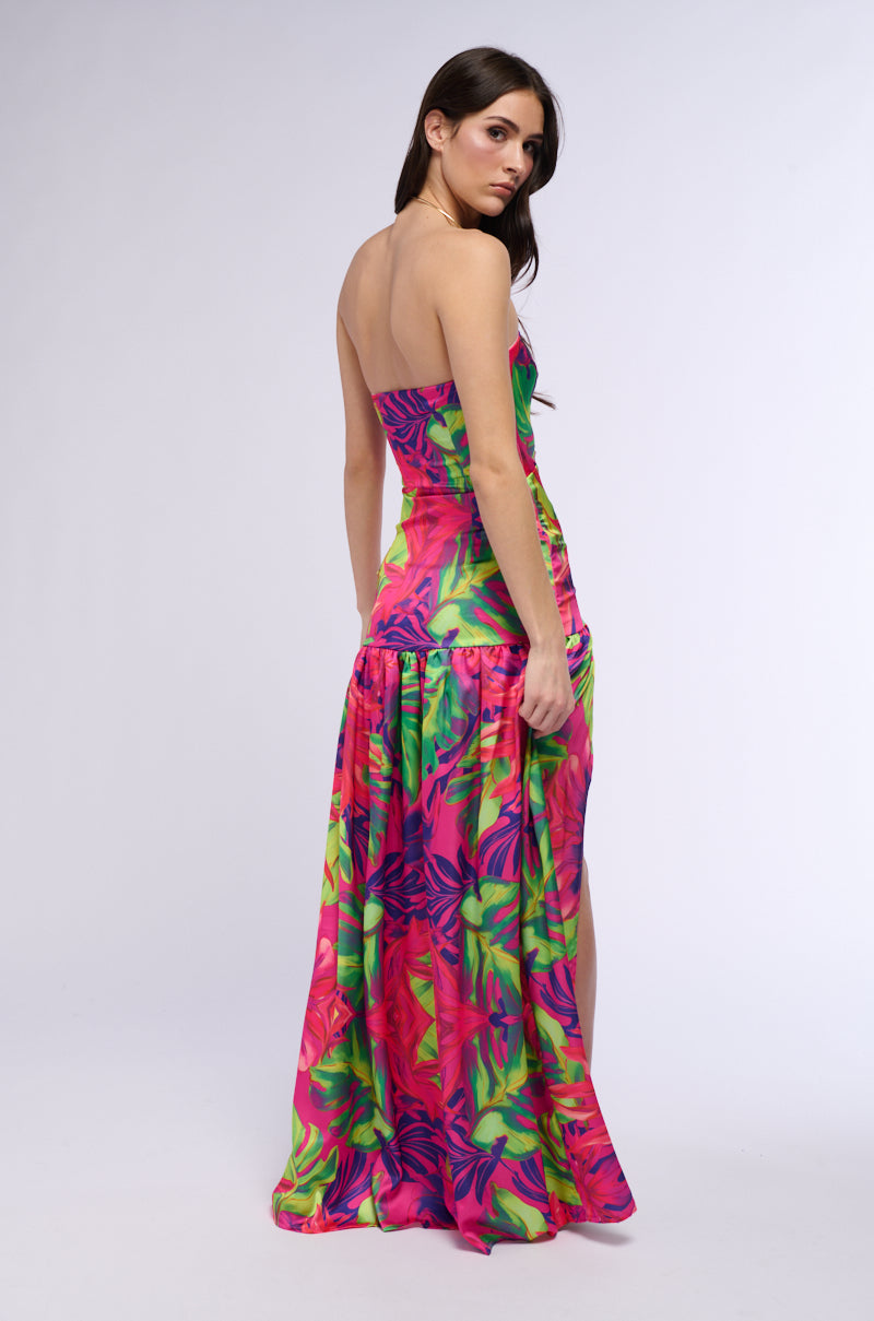 Extra View Tropical Getaway Satin Printed Maxi Dress