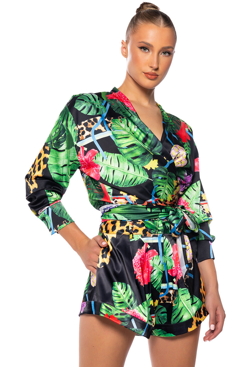 Front View Tropical Mood Satin Tie Front Blouse
