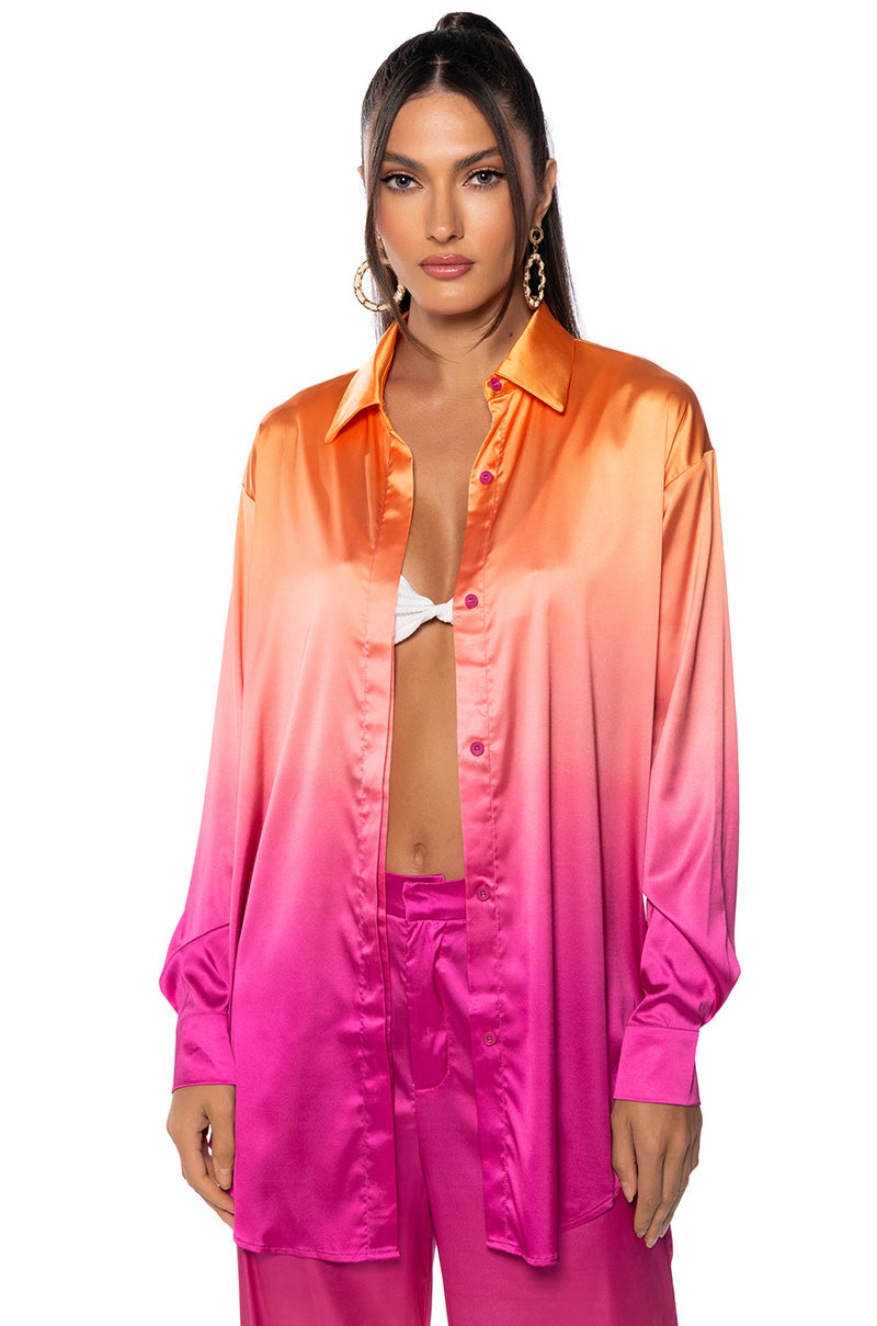 Front View Tropical Vacation Ombre Button Down Top