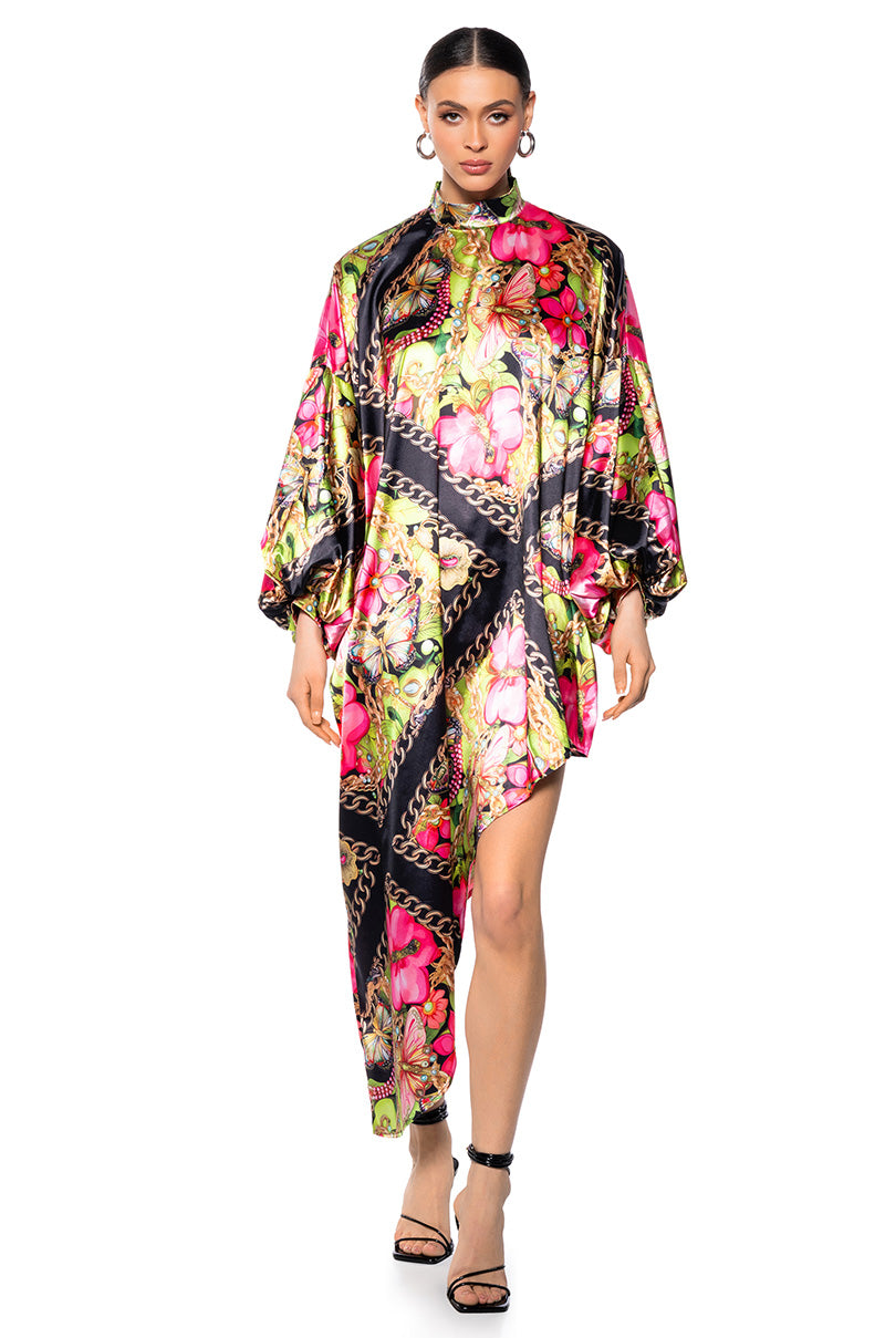 Front View Tropical Vacation Print Satin Maxi Dress In Green Multi 6