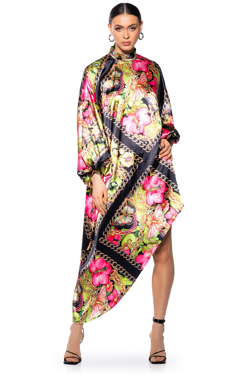 Side View Tropical Vacation Print Satin Maxi Dress In Green Multi 7