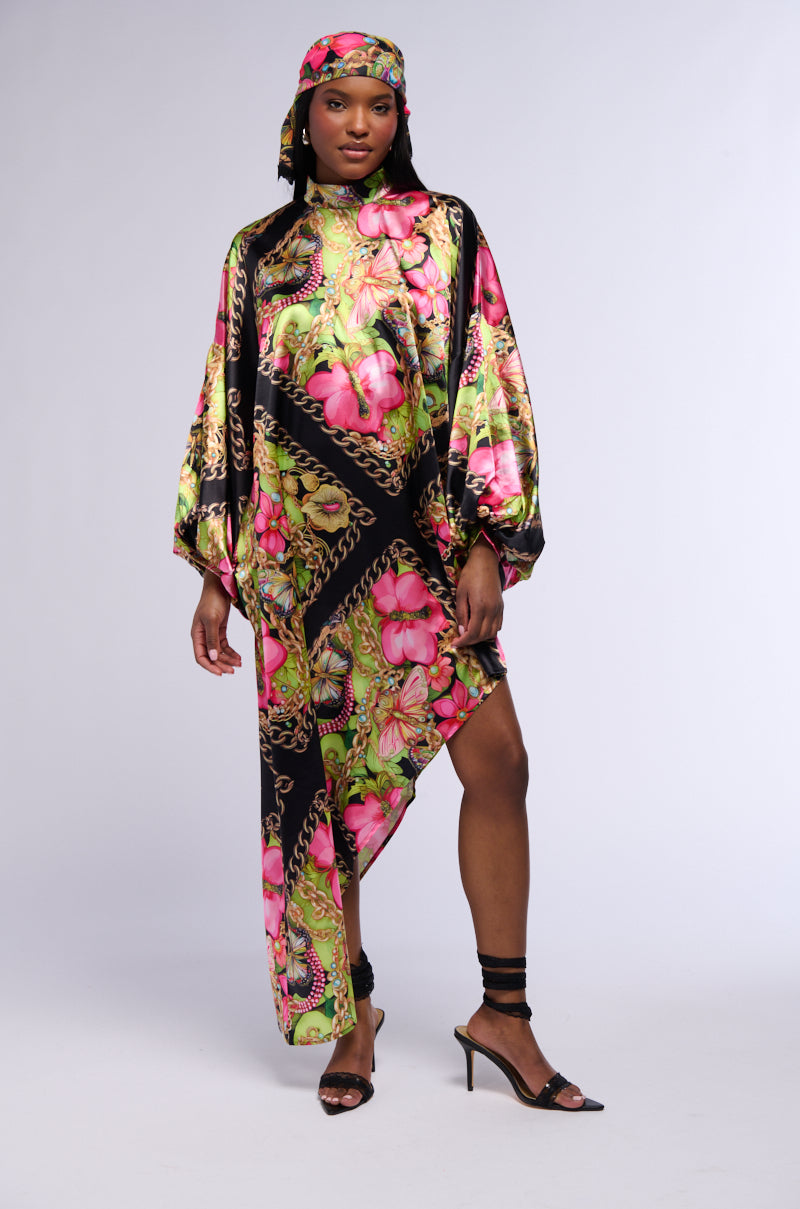 Side View Tropical Vacation Print Satin Maxi Dress In Green Multi 1