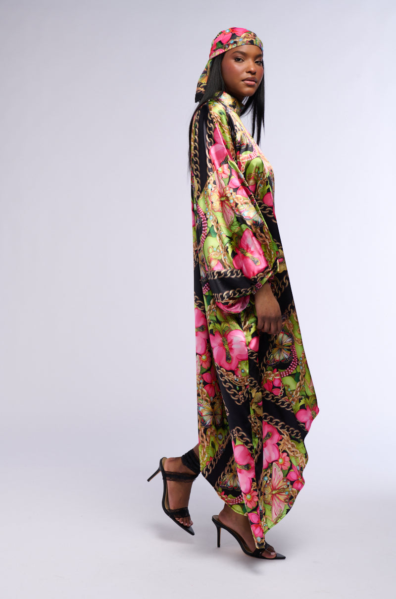 Back View Tropical Vacation Print Satin Maxi Dress In Green Multi 2