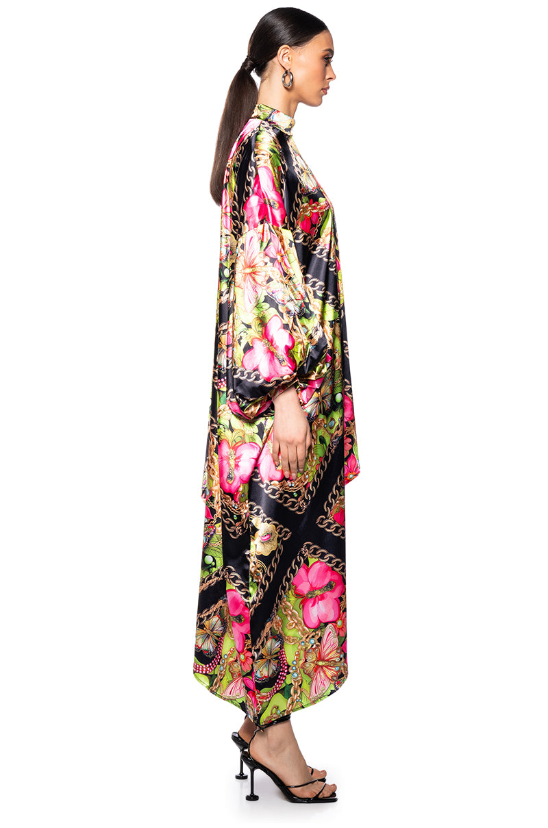 Detail View Tropical Vacation Print Satin Maxi Dress In Green Multi 9