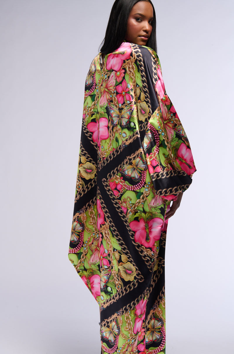 Full View Tropical Vacation Print Satin Maxi Dress In Green Multi 4