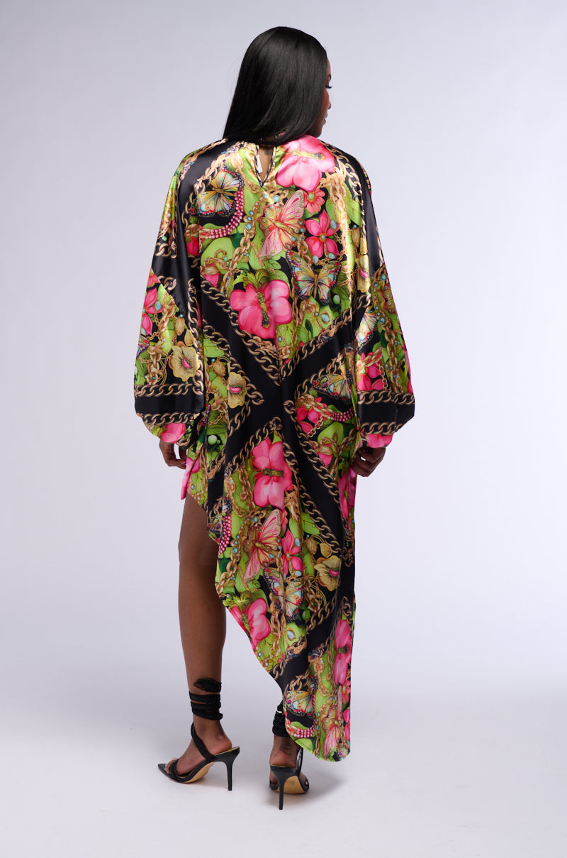 Extra View Tropical Vacation Print Satin Maxi Dress In Green Multi 5