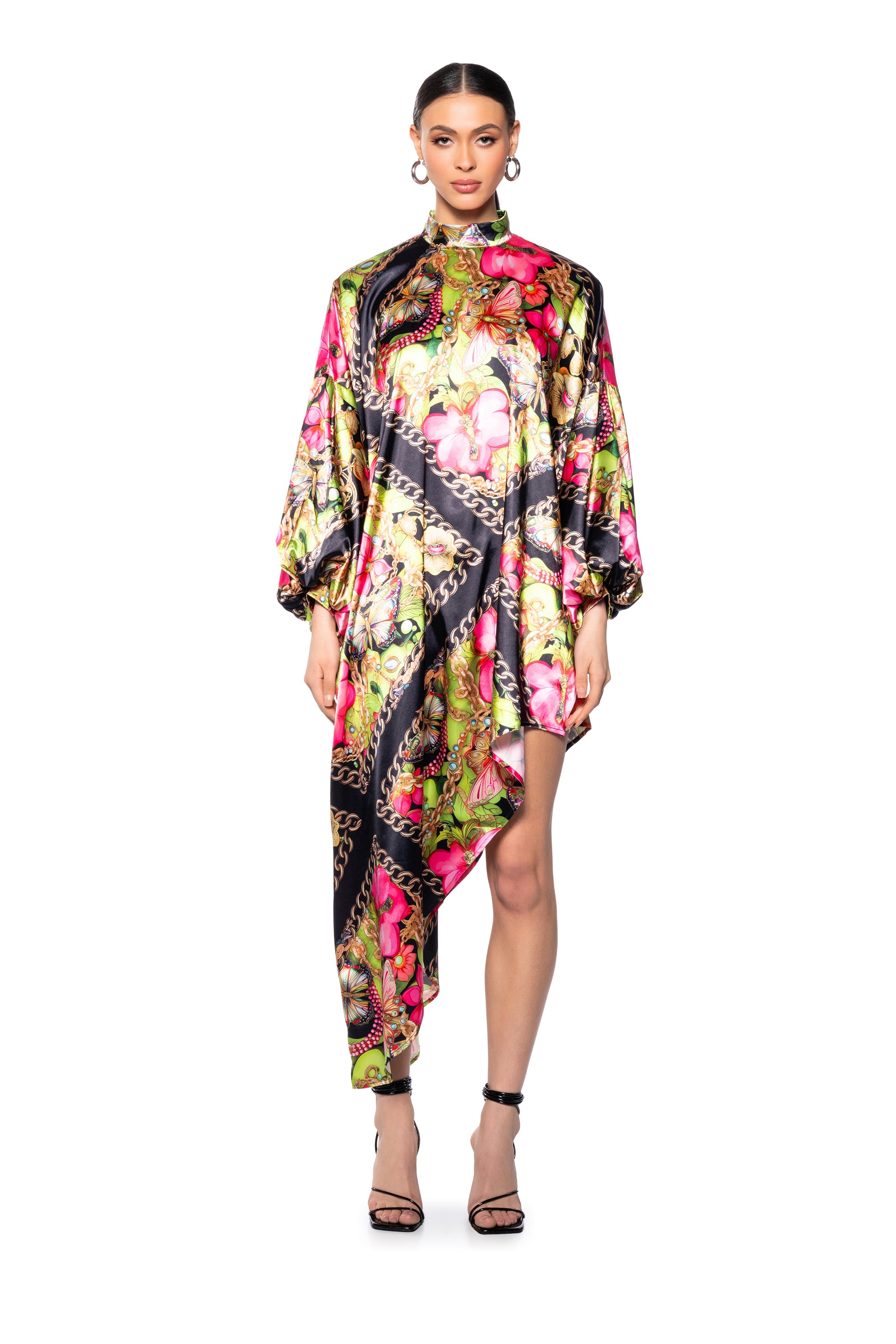 Extra View Tropical Vacation Print Satin Maxi Dress In Green Multi 12