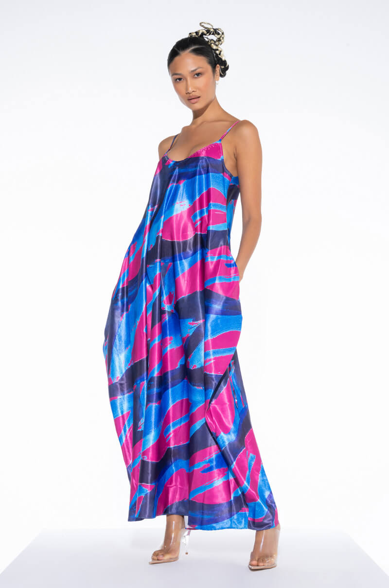 Front View Tropics Ready Satin Maxi Dress
