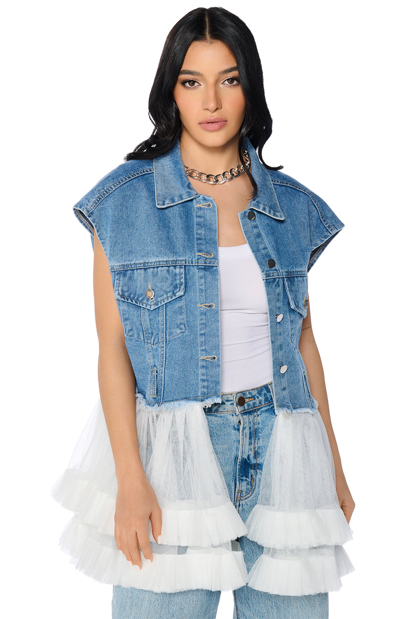 Front View Tulle Peplum Denim Vest