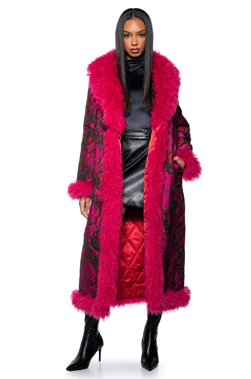 Front View Turn It Up Long Brocade Coat With Faux Fur Trim 0