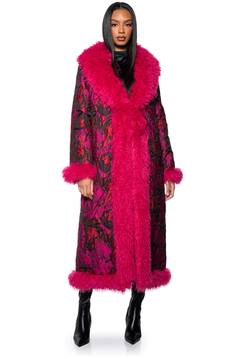 Side View Turn It Up Long Brocade Coat With Faux Fur Trim 1