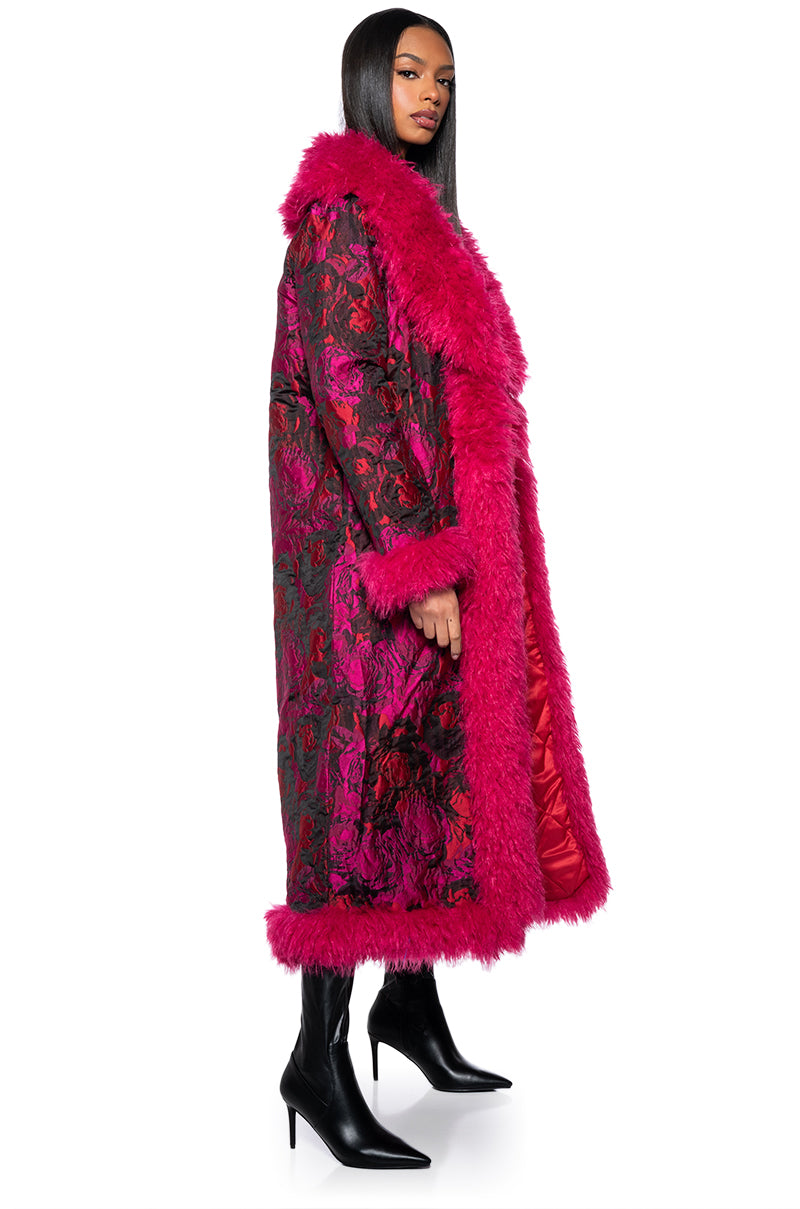 Back View Turn It Up Long Brocade Coat With Faux Fur Trim 2