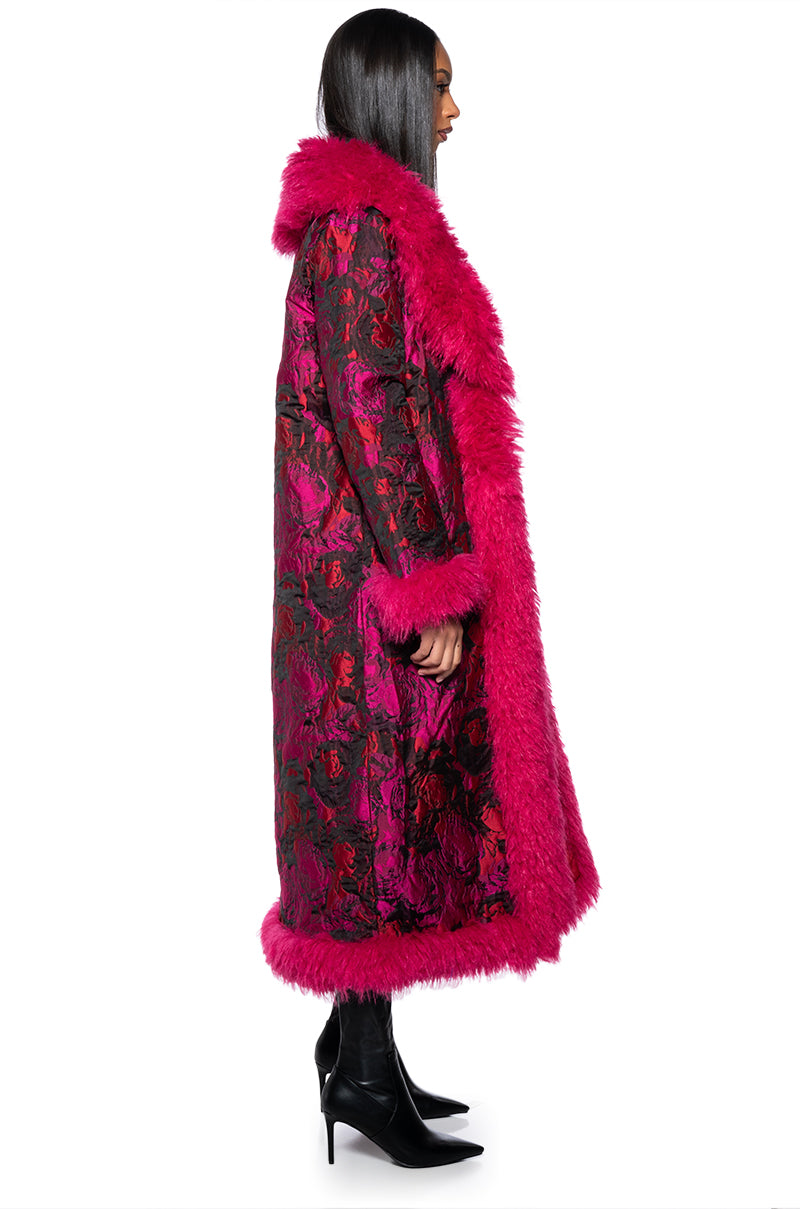 Detail View Turn It Up Long Brocade Coat With Faux Fur Trim 3