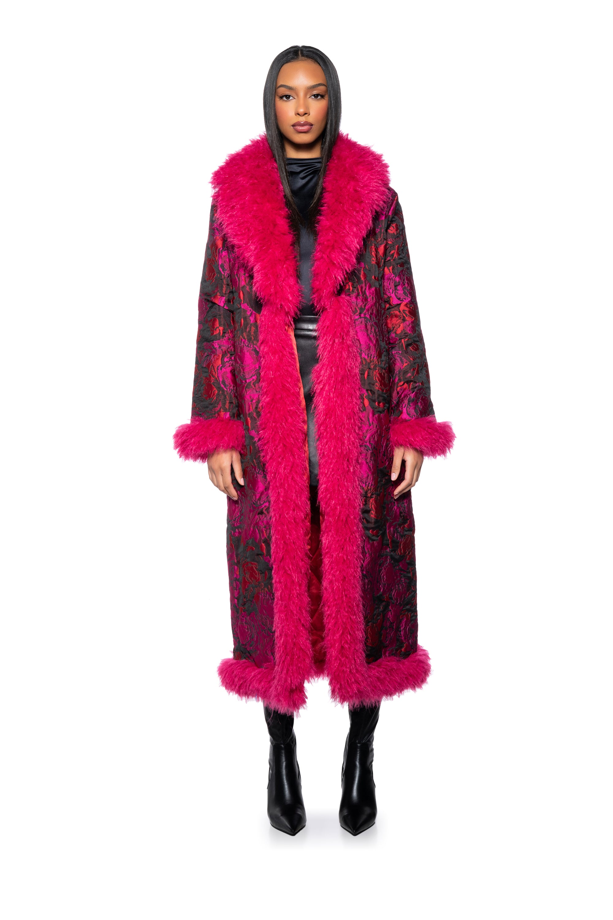 Extra View Turn It Up Long Brocade Coat With Faux Fur Trim 5