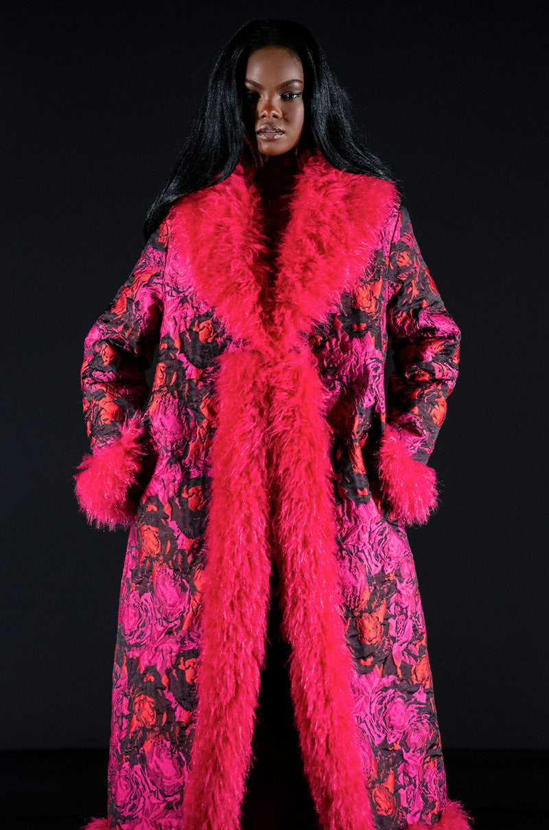 Extra View Turn It Up Long Brocade Coat With Faux Fur Trim 6