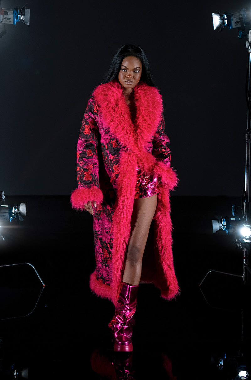 Extra View Turn It Up Long Brocade Coat With Faux Fur Trim 7