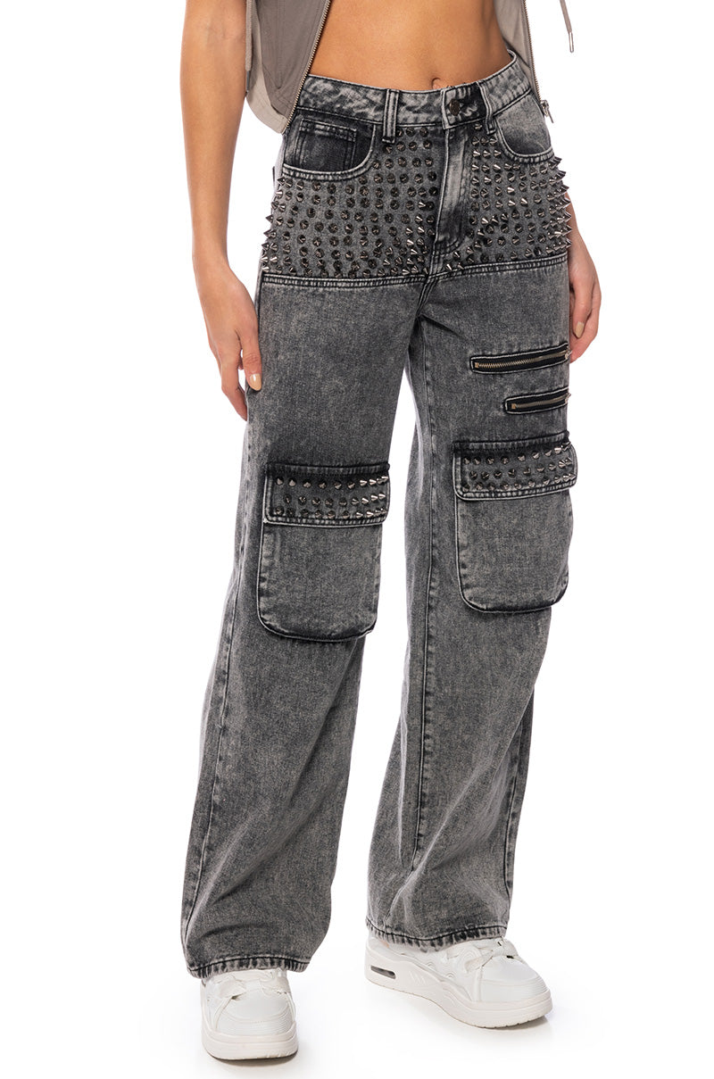 Front View Turn It Up Stud Embellished Utility Jeans