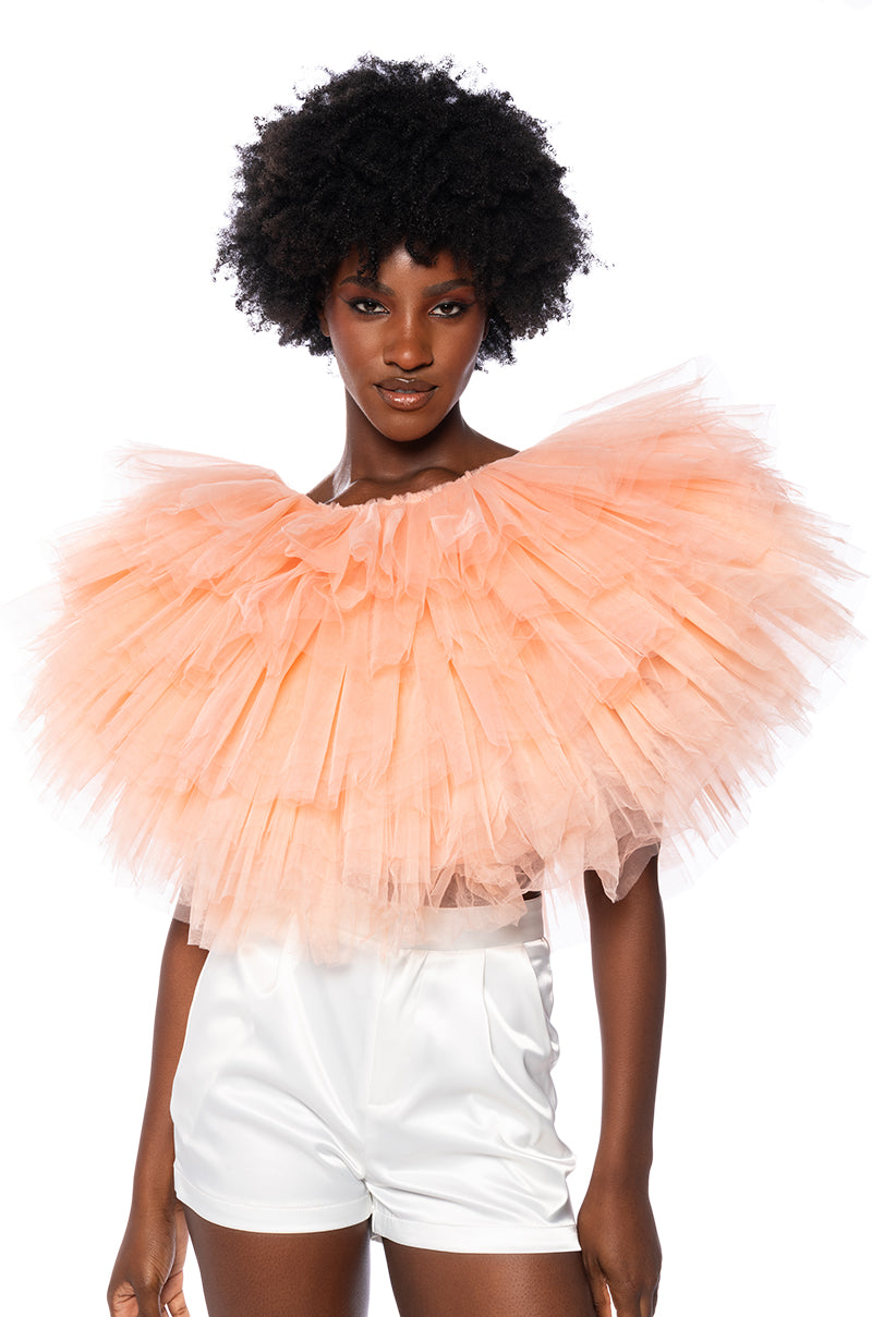 Front View Turning Heads Textured Tulle Top In Blush