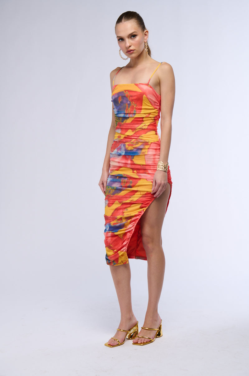 Side View Tutti Frutti Ruched Midi Dress