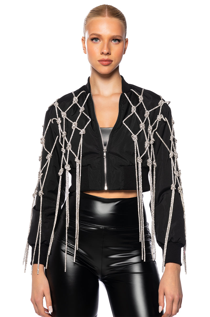 Side View Twirl For Me Knotted Rhinestone Rope Crop Bomber