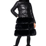 Front View Twirl Hybrid Faux Leather Puffer Trench With Faux Fur Hem