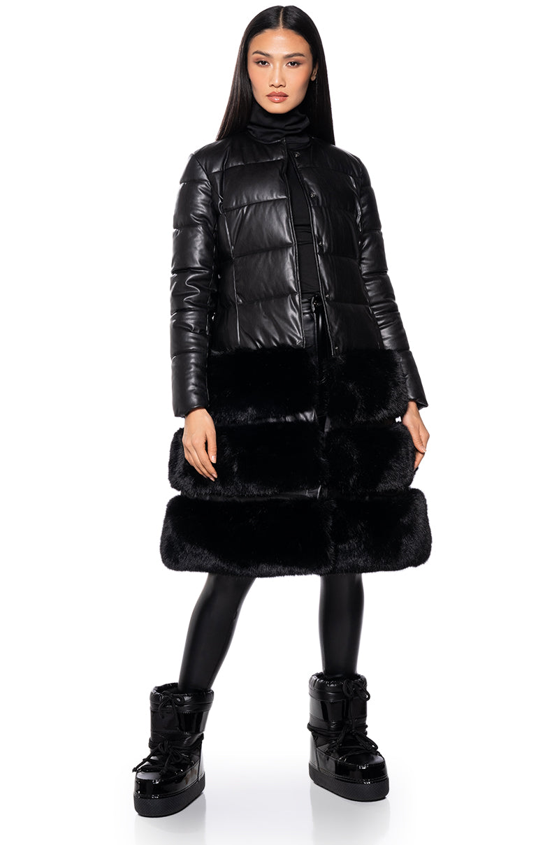 Side View Twirl Hybrid Faux Leather Puffer Trench With Faux Fur Hem