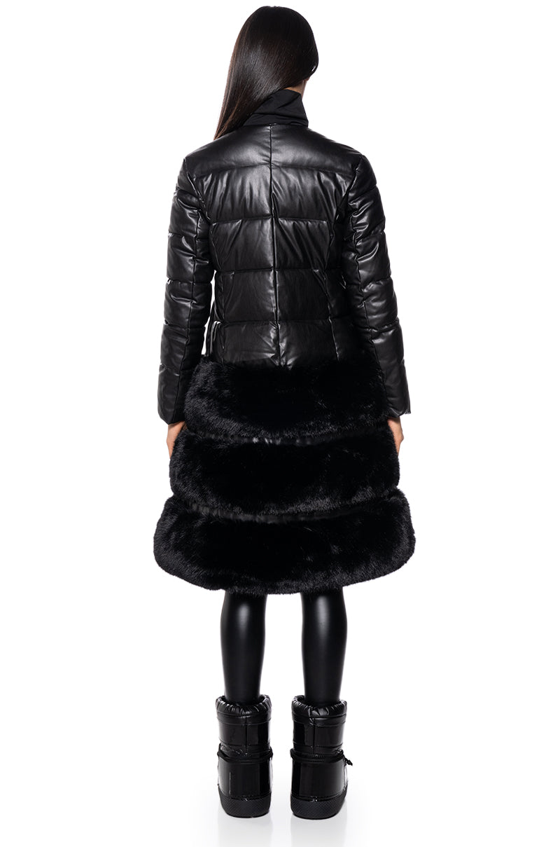 Full View Twirl Hybrid Faux Leather Puffer Trench With Faux Fur Hem